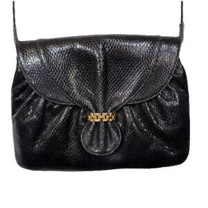 Finesse La Model Black Leather Snake Crossbody Bag Purse Gold Tone Accent